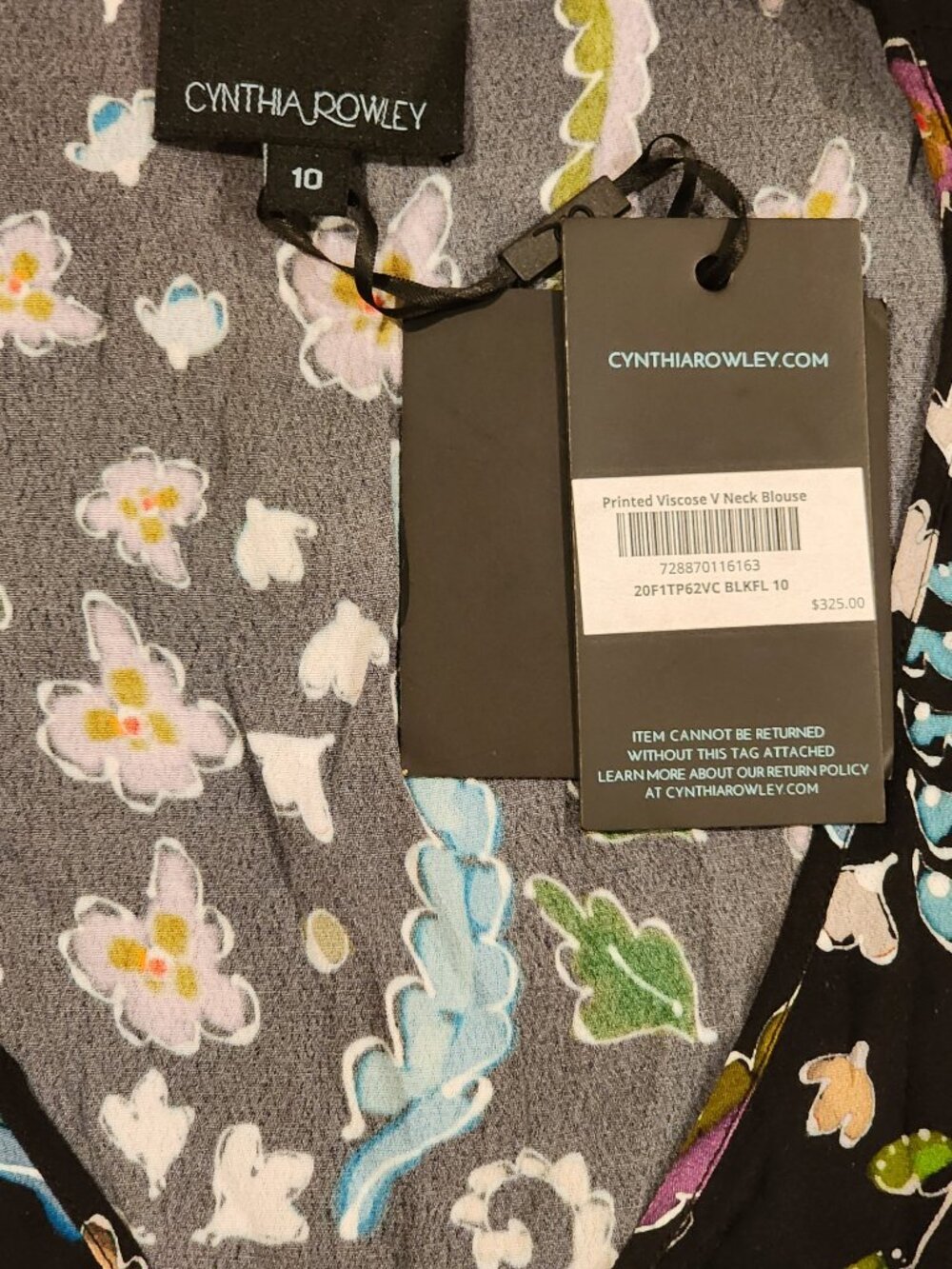 NWT CYNTHIA ROWLEY Women Blouse Black Printed Viscose V-Neck Peplum - Size 10 - Picture 3 of 3